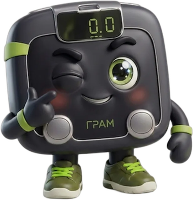 Gram, the scale mascot, winking next to its display